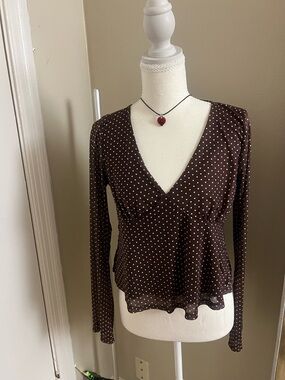 Polka Dot V-Neck Long Sleeve Top - Brown